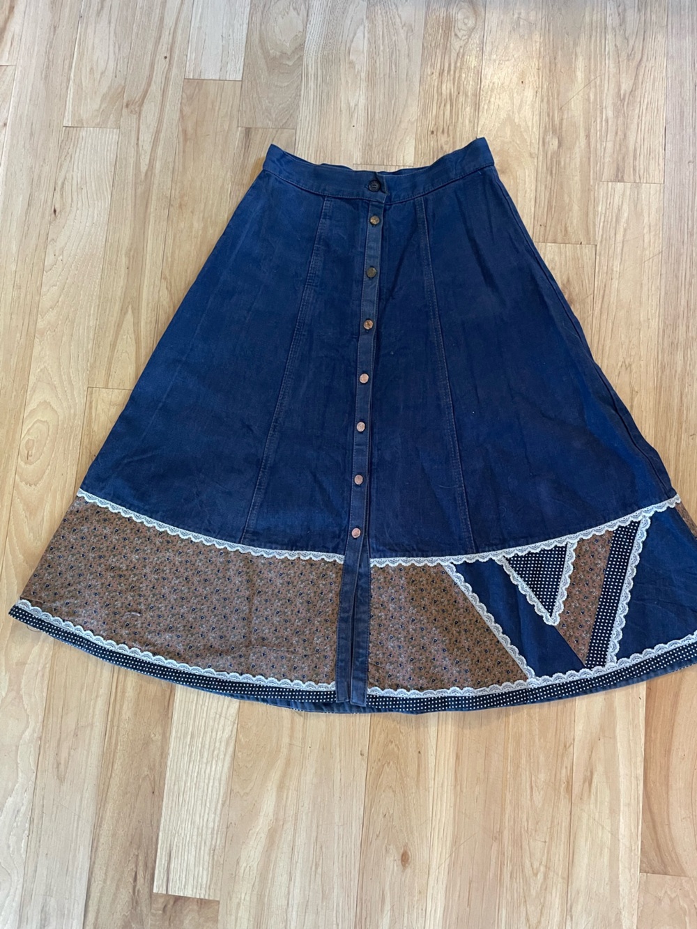 Vintage 1970’s Gunne Sax by Jessica McClintock Denim & Calico Midi Skirt